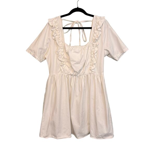 ASOS Design Denim Mini Dress Womens 14 White Square Neck Frill Smock Babydoll - Picture 1 of 13